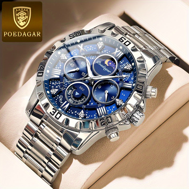 [New Business Water Resistance Watch] POEDAGAR 2024 New Business Executive Men's Quartz Chronograph Watch with Water Resistance, Night Light, and Stainless Steel Band