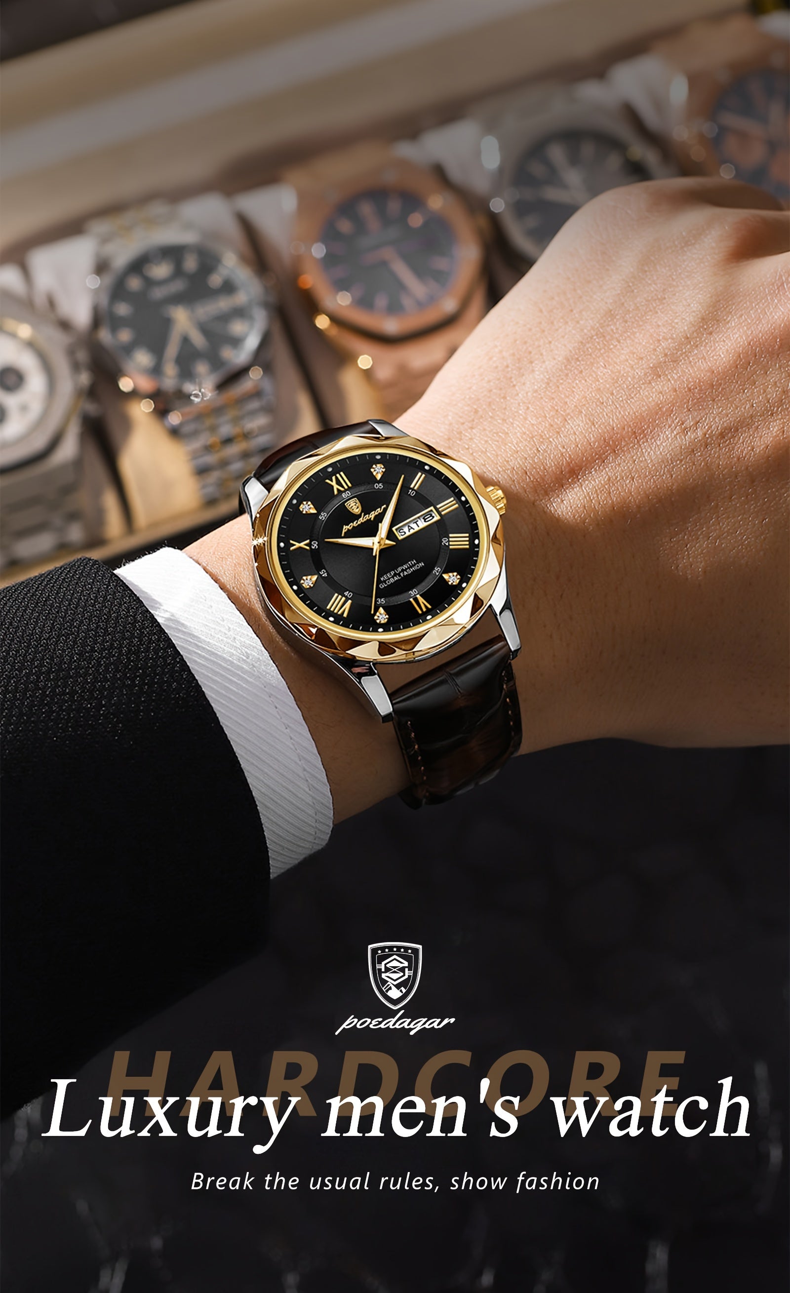 1pc POEDAGAR Men'S Casual Waterproof Luminous Dual Calendar Quartz Watch, Round Alloy Case, PU Leather Strap, Analog Display, 3ATM Dive Resistance, Battery Operated (Non-Rechargeable)