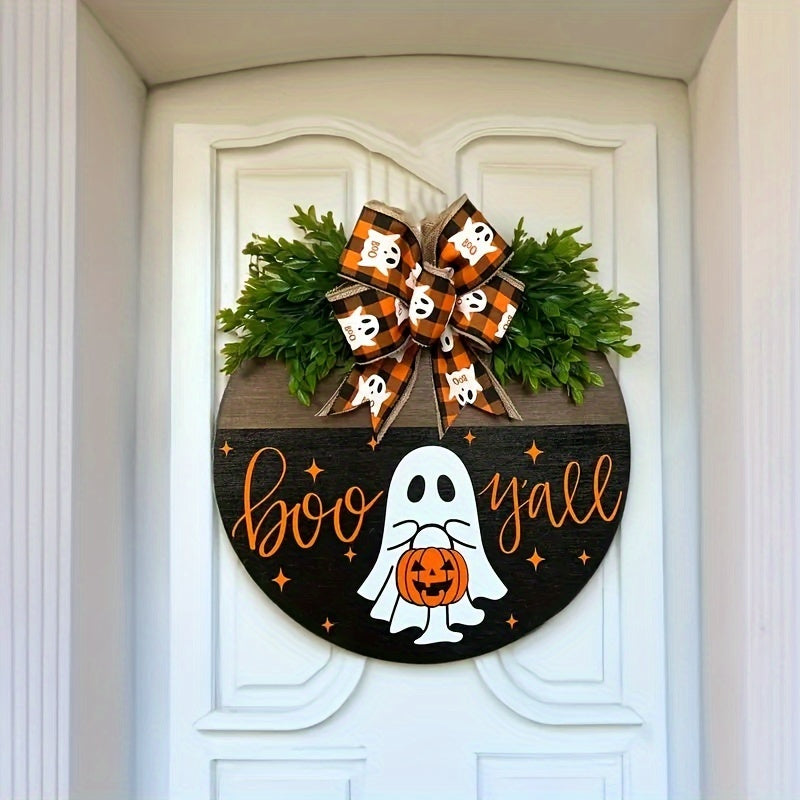 Boo Y'all Halloween Wooden Door Hanger - Wall Mount Festive Welcome Sign with Ghost, Pumpkin, and Fall Ribbon - Perfect Housewarming Gift and Party Decoration for Home, Office, and Garden - No Electricity Needed