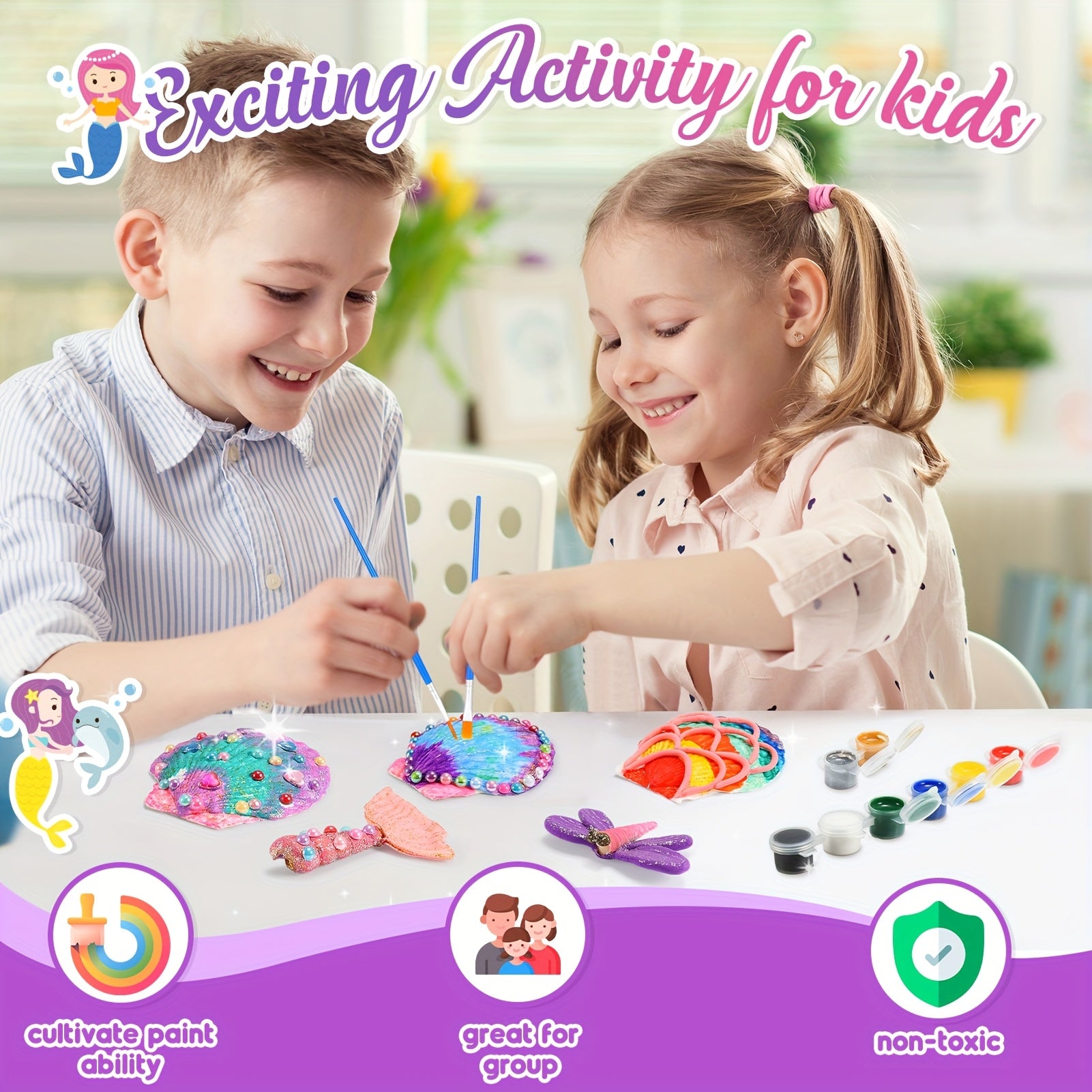 Easter Basket Stuffers 17pcs Seashells Art And Craft Kits for Kids, Age 3-10 Gifts Toys Girl Gifts Birthday Presents Air DIY Clay for Kids Mermaid Toys Kids Painting Set