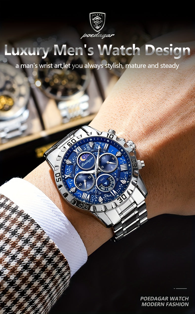 [New Business Water Resistance Watch] POEDAGAR 2024 New Business Executive Men's Quartz Chronograph Watch with Water Resistance, Night Light, and Stainless Steel Band
