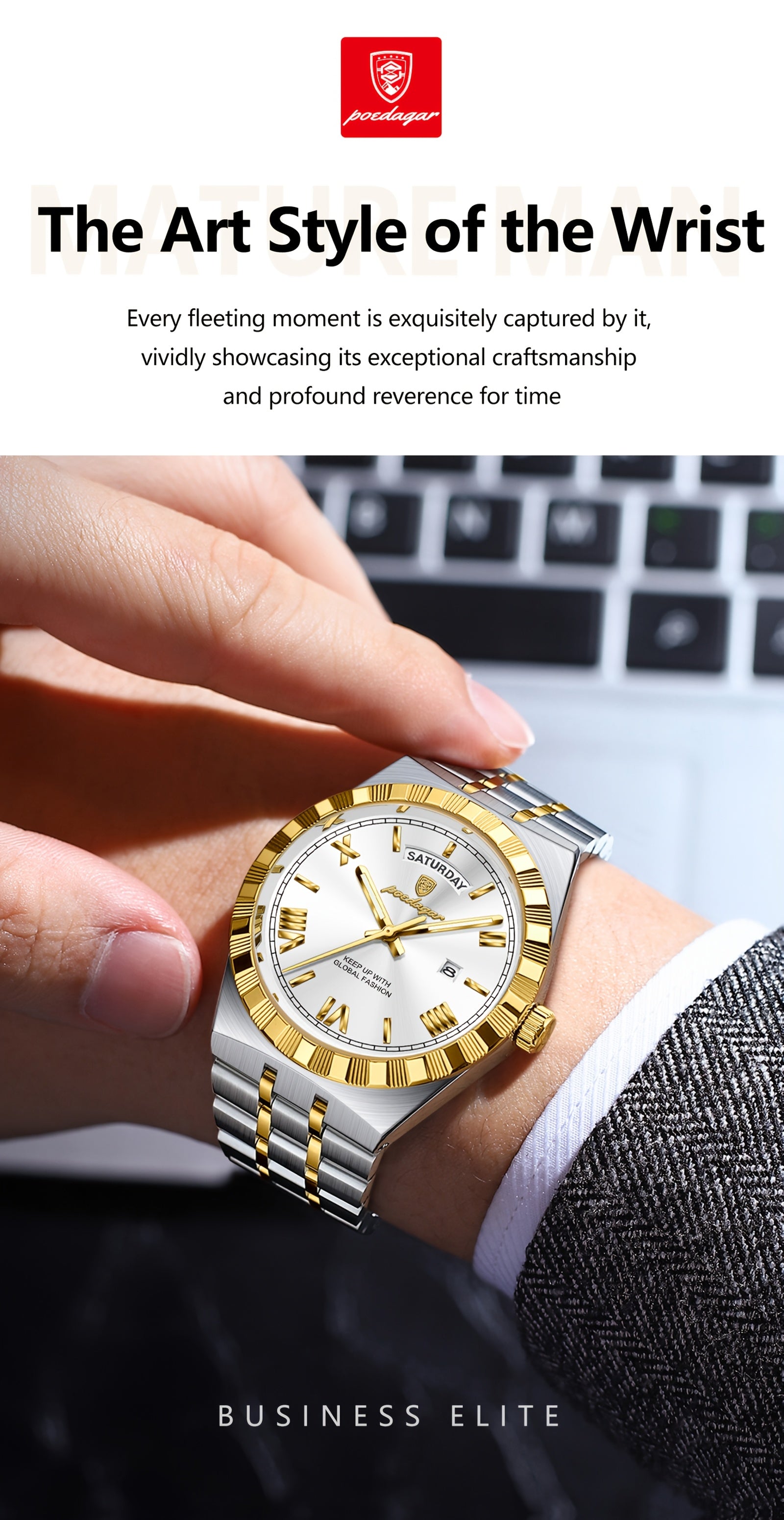 Business Trend Men's Watch Waterproof Calendar Week Stainless Steel Quartz Wristwatch