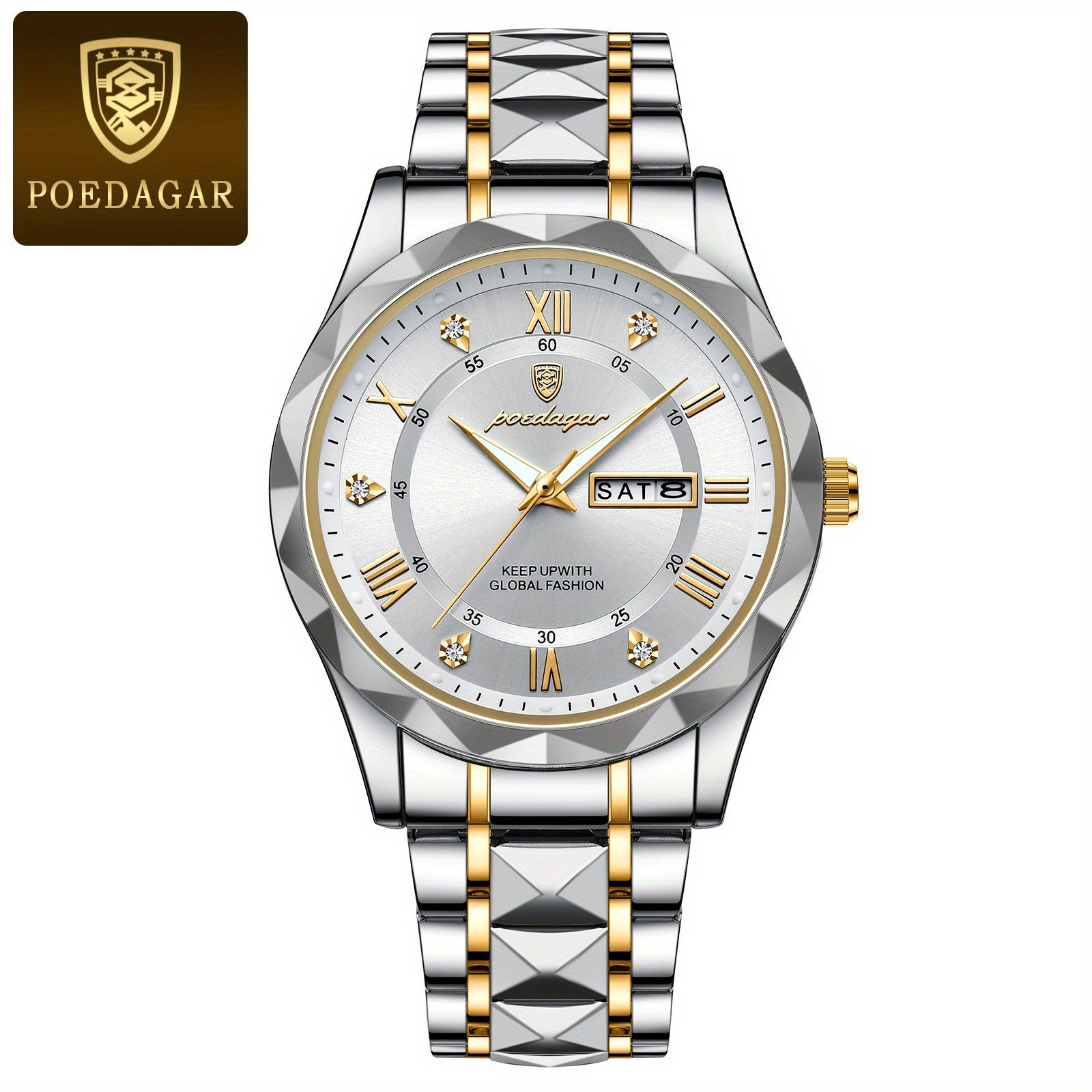 POEDAGAR Fashion Men's Watch Quartz Watches Waterproof Glow Calendar Luxury Stainless Steel Men's Watch, Ideal choice for Gifts