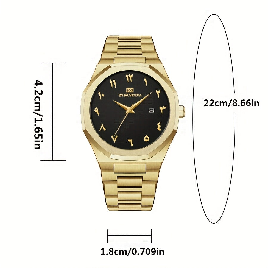 [Luxury Men's Watch] VA VA VOOM Luxury Men's Watch | Stainless Steel Black & Golden Chronograph with Arabic Numerals, Quartz Movement, Elegant Business Style | Perfect Gift for Dad, Husband, Boyfriend on Father's Day, Valenti