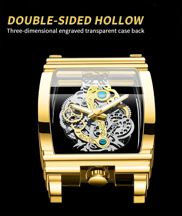 Sleek Luxury Men's Quartz Watch - Stainless Steel Band, Luminous Dial, Hollow-Out Design, Folding Clasp