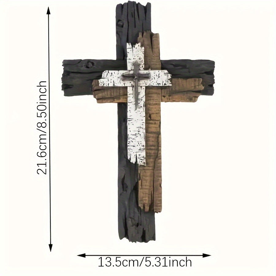 Rustic Wooden Wall Cross Decor - Layered, Space-Themed, Faux Wood Hanging Art Piece with Unique Texture - Perfect for Living Room, Religious Decor, Christmas, Halloween, Easter Celebrations, and Home Decor