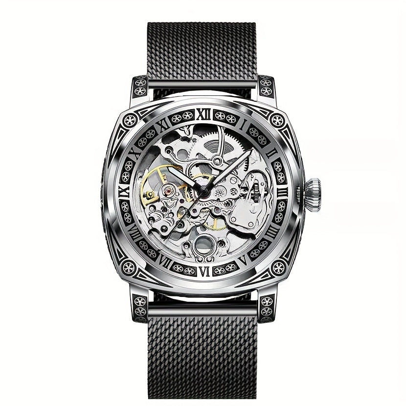 Elegant Mechanical Men's Watch: Self-Winding, Waterproof, with Stylish Hollow Design - Round Dial & Precision Timekeeping