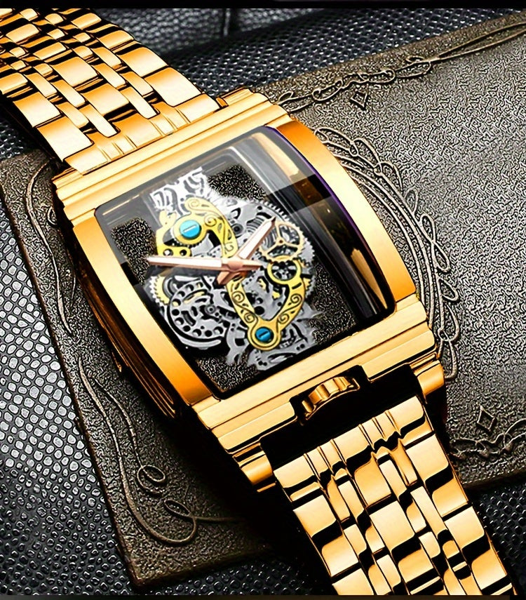 Sleek Luxury Men's Quartz Watch - Stainless Steel Band, Luminous Dial, Hollow-Out Design, Folding Clasp