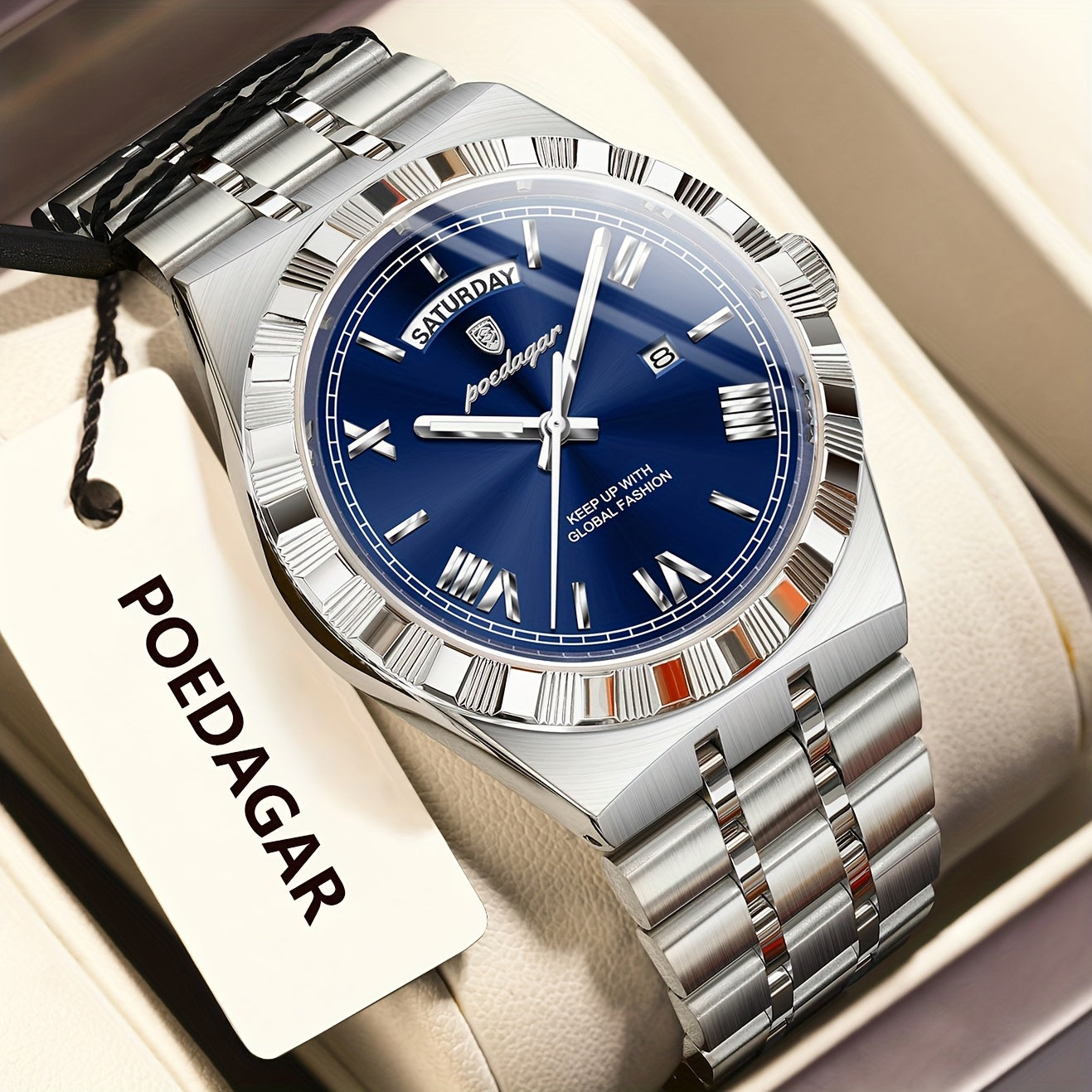 Business Trend Men's Watch Waterproof Calendar Week Stainless Steel Quartz Wristwatch