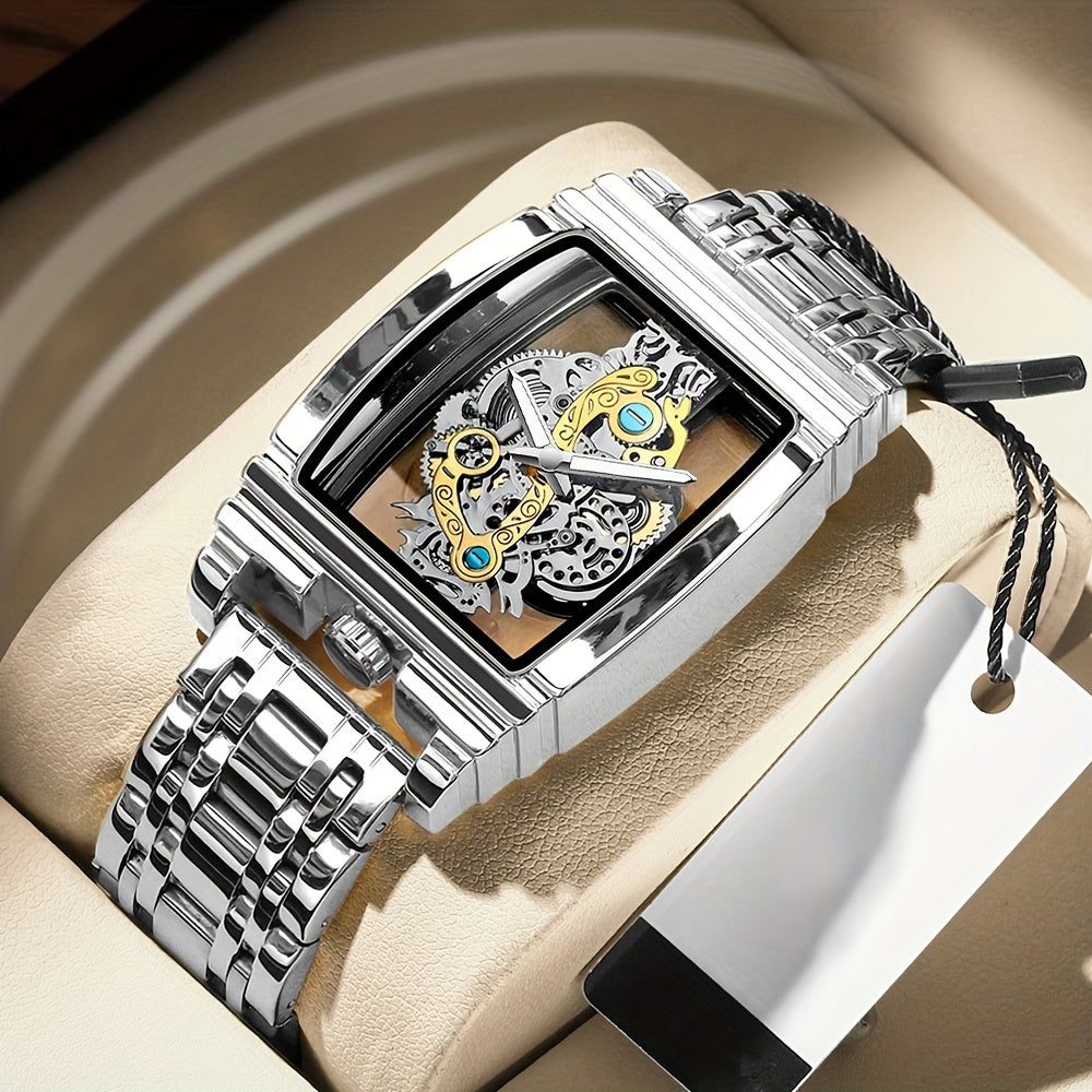 Sleek Luxury Men's Quartz Watch - Stainless Steel Band, Luminous Dial, Hollow-Out Design, Folding Clasp