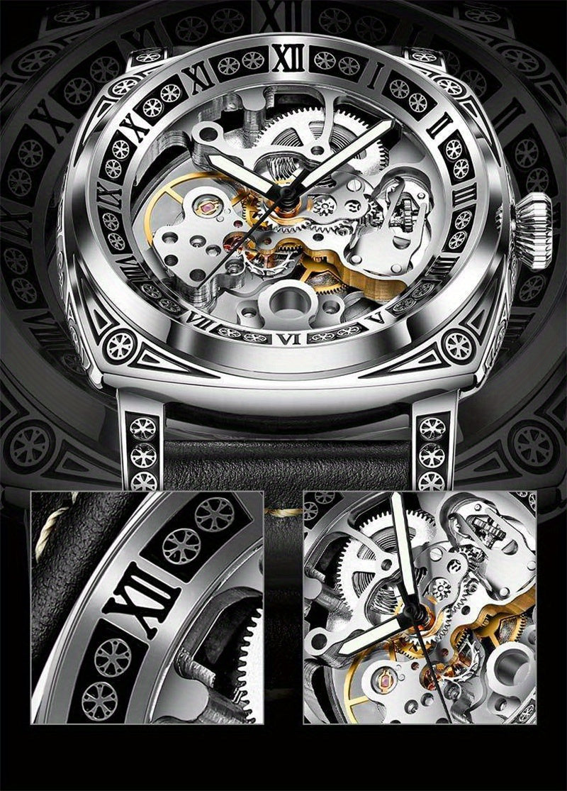Elegant Mechanical Men's Watch: Self-Winding, Waterproof, with Stylish Hollow Design - Round Dial & Precision Timekeeping