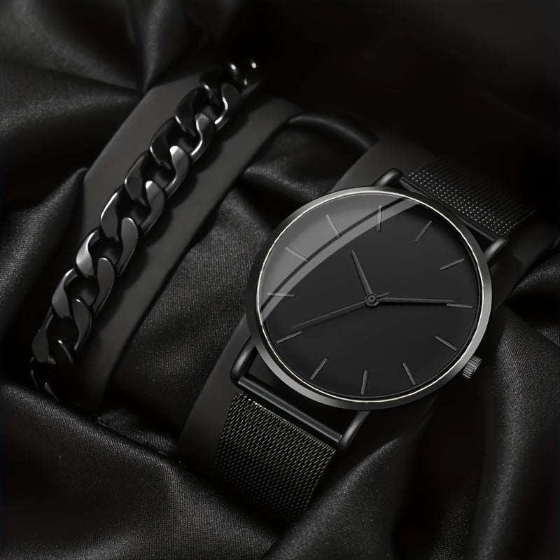 1pc Men's Stainless Steel Strap Decorative Round Dial Quartz Watch & 1pc Bracelet For Everyday Use