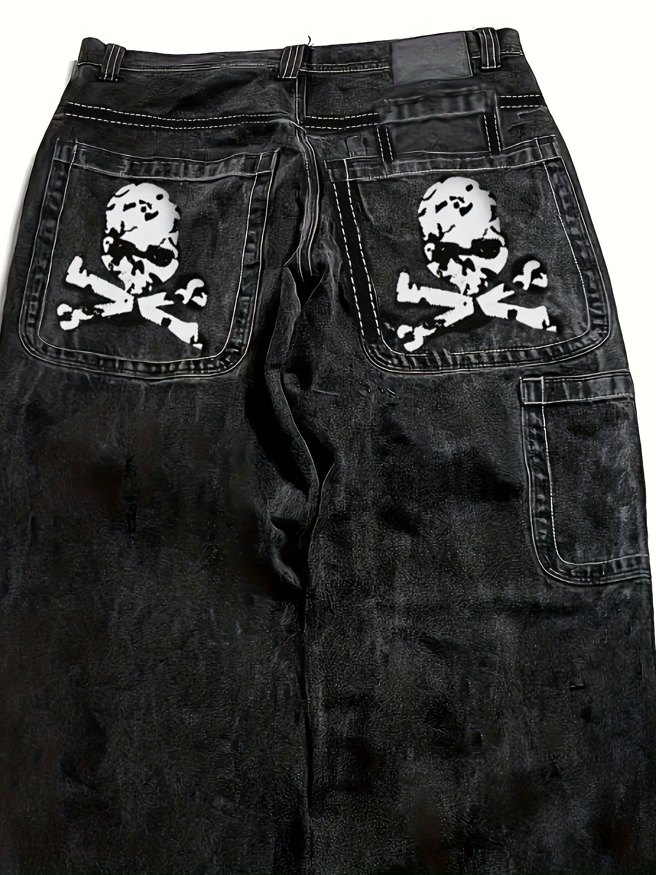 1pc Y2K Street Style Skull Print Multi-Pocket Denim Jeans, Cotton Blend, Non-Stretch Fabric, Regular Fit, All-Season, Halloween Pattern, Woven, Regular Length - 30% Cotton, 27% Rayon, 43% Polyester
