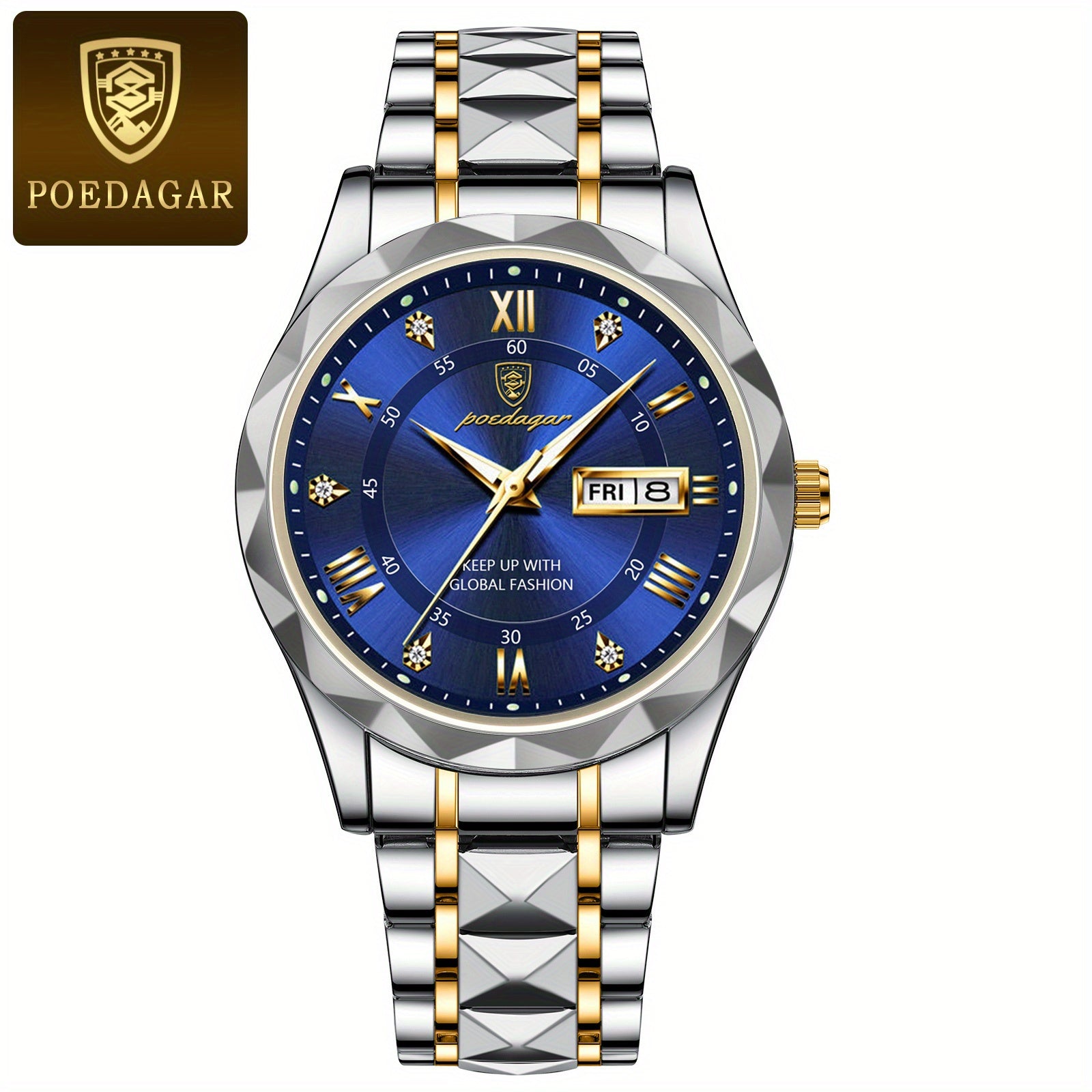 POEDAGAR Fashion Men's Watch Quartz Watches Waterproof Glow Calendar Luxury Stainless Steel Men's Watch, Ideal choice for Gifts
