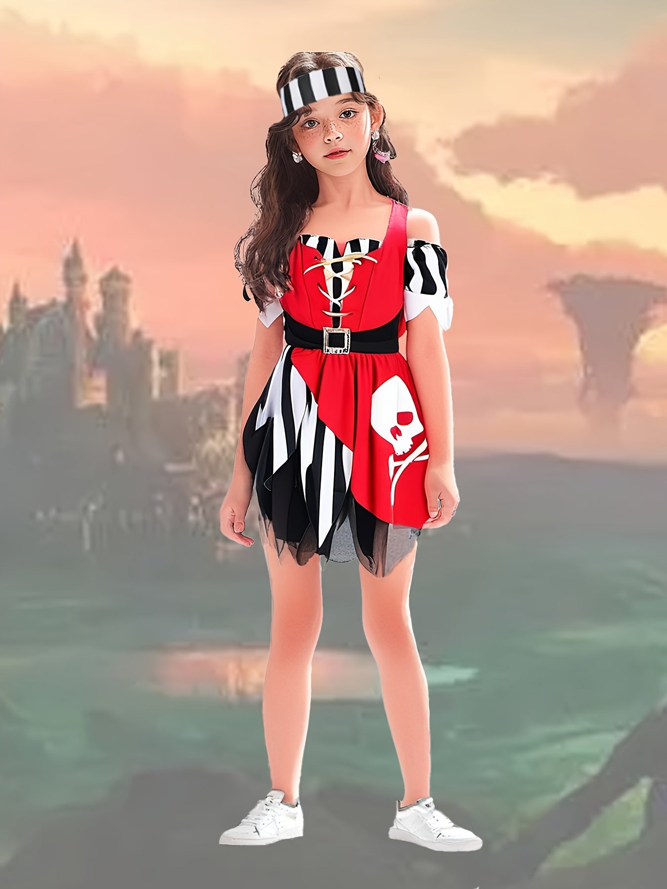 Girls Fun & Cool Off Shoulder Crisscross Strap Front Crossbone Pattern Asymmetrical Dress & Striped Headband For Halloween Party, Girls Pirate Dress Up Outfit, 2pcs