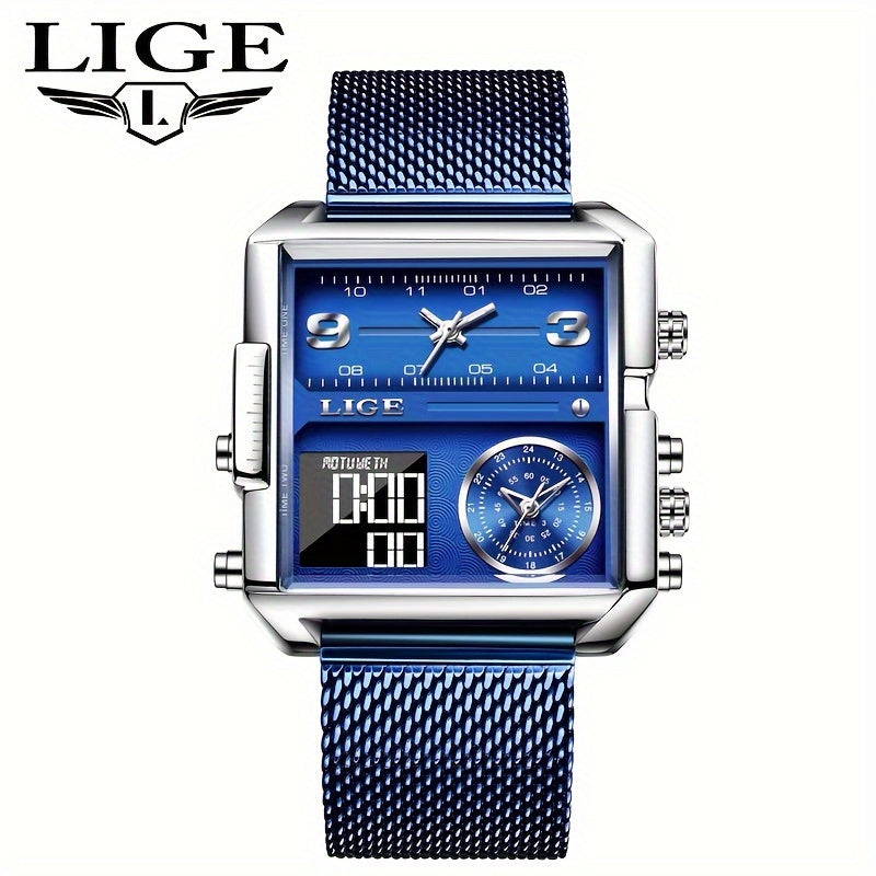 LIGE Fashion Luxury Men's Watch. Watch with Square Stainless Steel Strap. Dual Display Nightlight Second Timer Sports Outdoor Watch. Suitable for Halloween And Christmas Gifts.