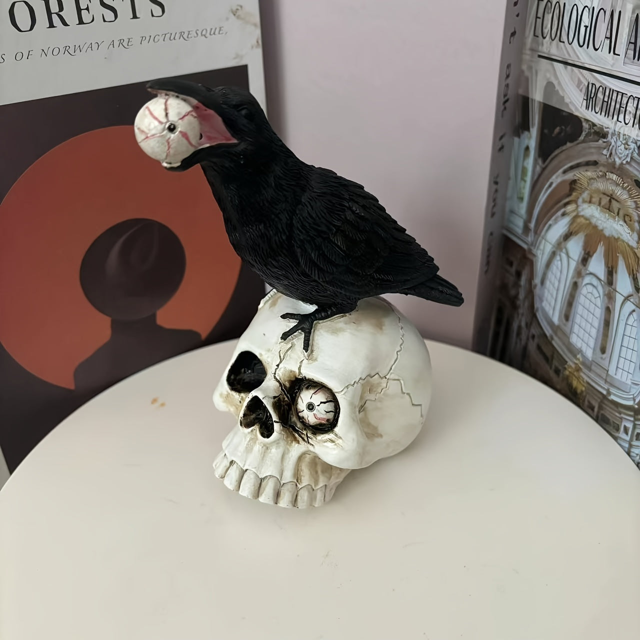 1pc Lifelike Raven & Skull Eyeball Decor, Spooky Halloween Scene Prop - Durable Resin, Perfect for Haunted Houses, Bars, and Secret Rooms - Creepy Skull Head Ornament with Realistic Feathered Texture