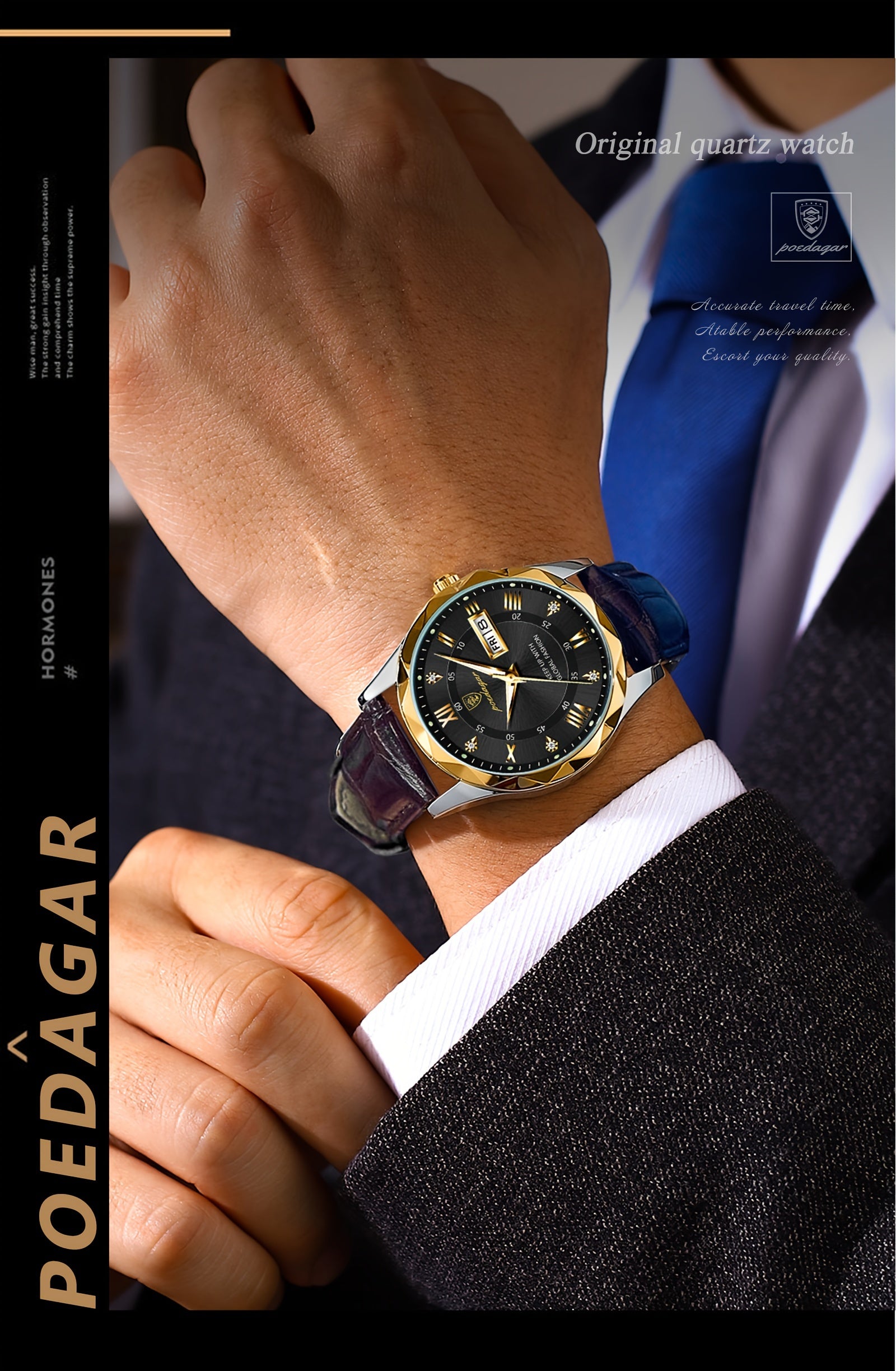 1pc POEDAGAR Men'S Casual Waterproof Luminous Dual Calendar Quartz Watch, Round Alloy Case, PU Leather Strap, Analog Display, 3ATM Dive Resistance, Battery Operated (Non-Rechargeable)