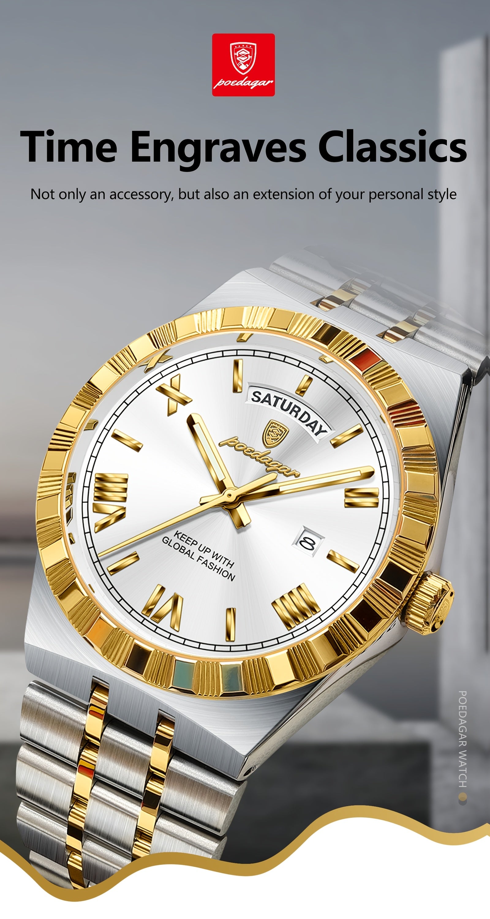 Business Trend Men's Watch Waterproof Calendar Week Stainless Steel Quartz Wristwatch