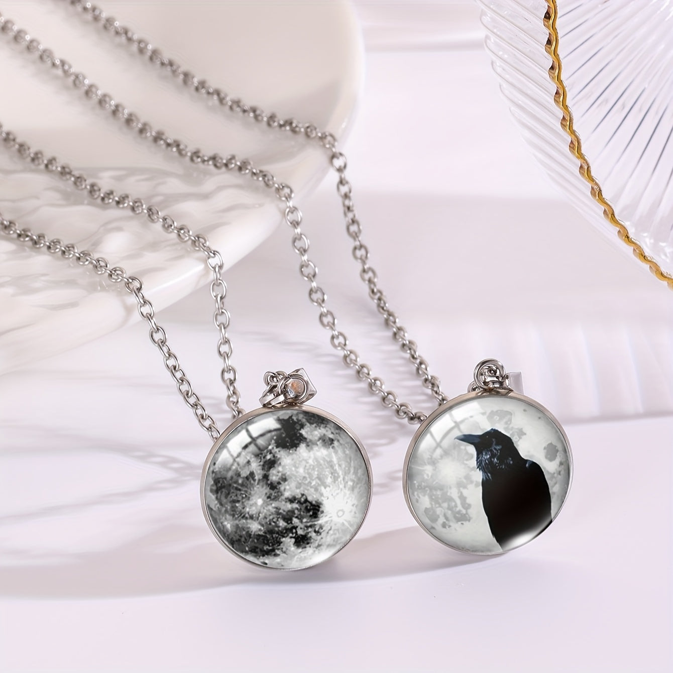 Elegant Gothic Style Stainless Steel Pendants, 2PC Set Full Moon Raven Necklace, No Plating Round Shaped Pendants, Simple Vintage Jewelry for Halloween Celebrations