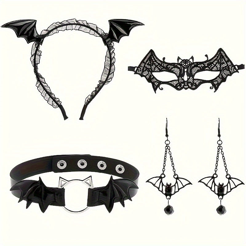 4-Piece Halloween Bat Costume Accessory Set with Headband and Mask, PU Leather Choker Necklace, Bat Earrings - Perfect for Cosplay, Masquerade, Carnival, Birthday, Bachelorette Party - Themed for Christmas, Halloween, Easter,