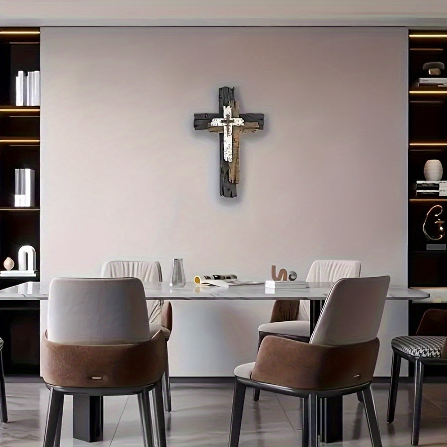 Rustic Wooden Wall Cross Decor - Layered, Space-Themed, Faux Wood Hanging Art Piece with Unique Texture - Perfect for Living Room, Religious Decor, Christmas, Halloween, Easter Celebrations, and Home Decor