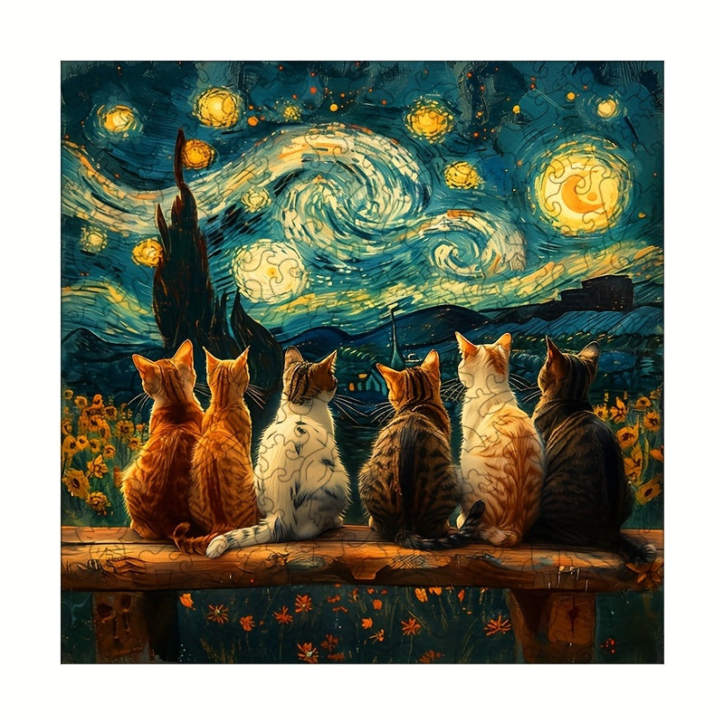 Starry Night Colorful Cat Wooden Puzzle - Unique Shaped Animal Jigsaw For Adults, Stress-Relief & Brain Teaser, Perfect Gift For Birthdays, Christmas, Halloween