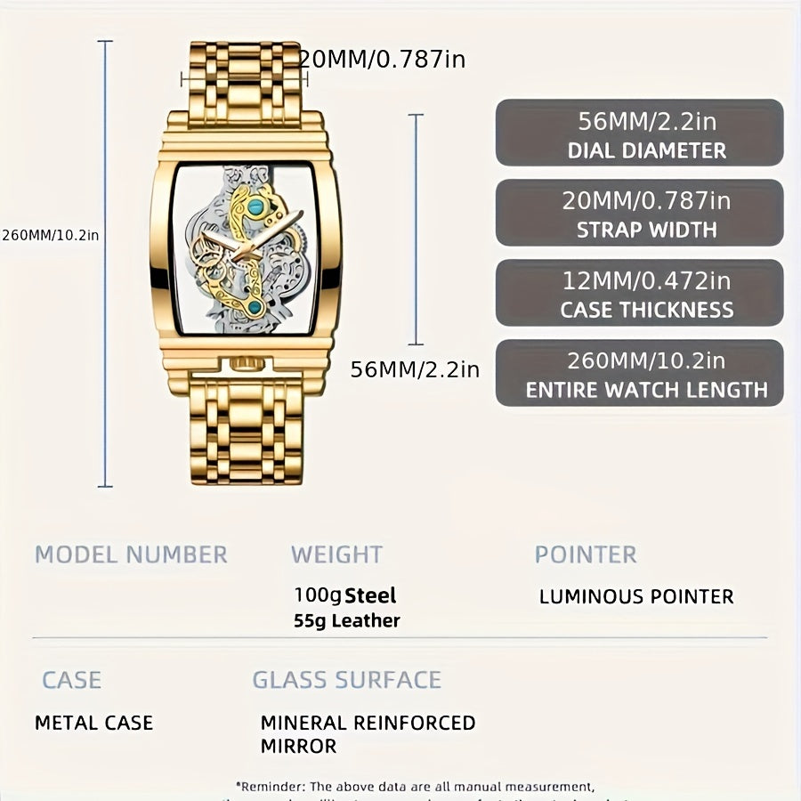 Sleek Luxury Men's Quartz Watch - Stainless Steel Band, Luminous Dial, Hollow-Out Design, Folding Clasp