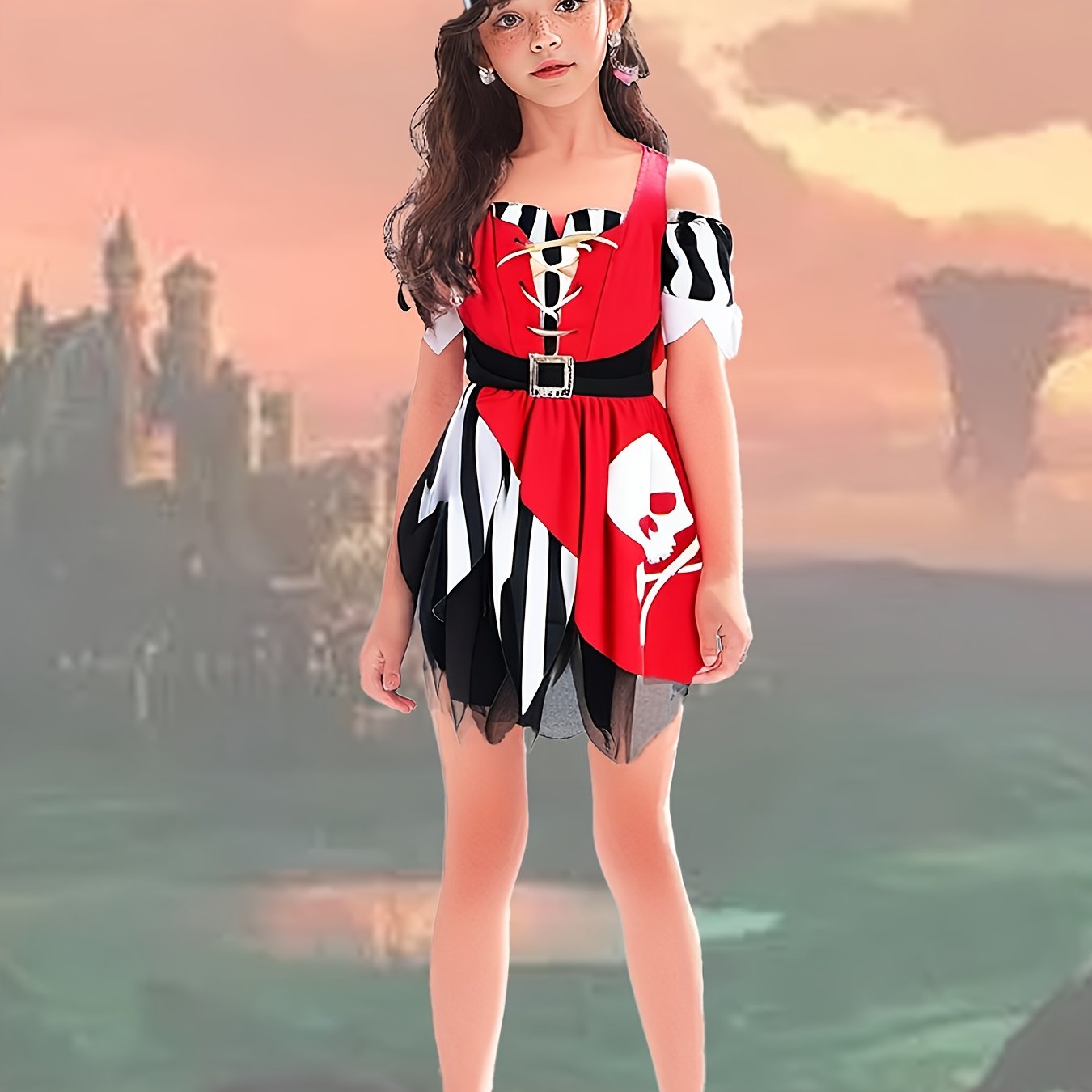 Girls Fun & Cool Off Shoulder Crisscross Strap Front Crossbone Pattern Asymmetrical Dress & Striped Headband For Halloween Party, Girls Pirate Dress Up Outfit, 2pcs