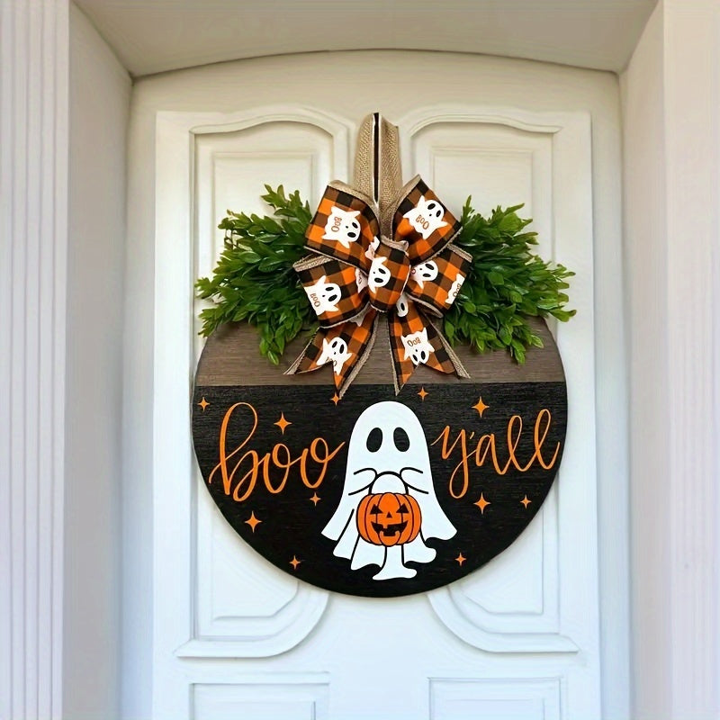 Boo Y'all Halloween Wooden Door Hanger - Wall Mount Festive Welcome Sign with Ghost, Pumpkin, and Fall Ribbon - Perfect Housewarming Gift and Party Decoration for Home, Office, and Garden - No Electricity Needed