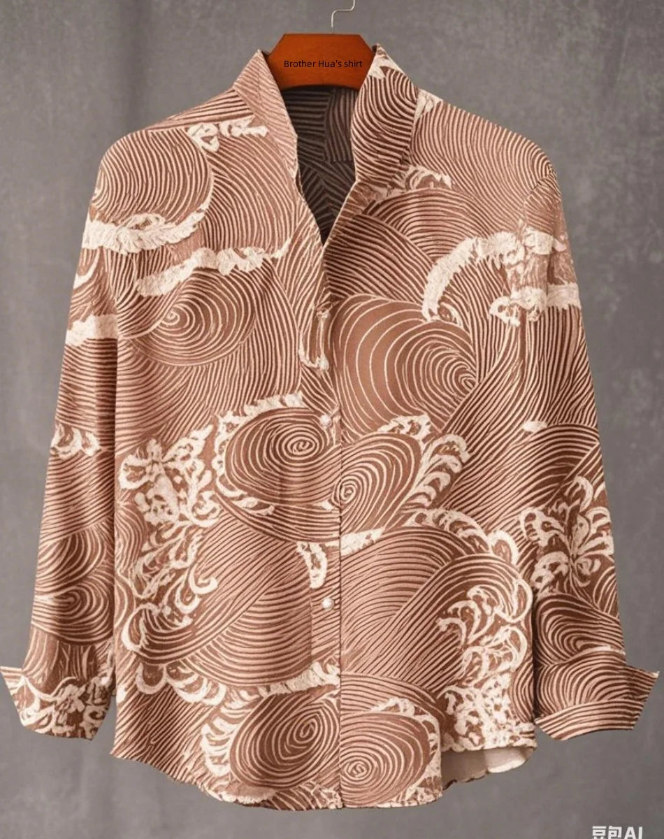 New Men's Shirts: Casual Retro Fish Ripple Artistic Long Sleeve Pocket Shirt Hawaiian Style Printed Shirt Men's Linen Top