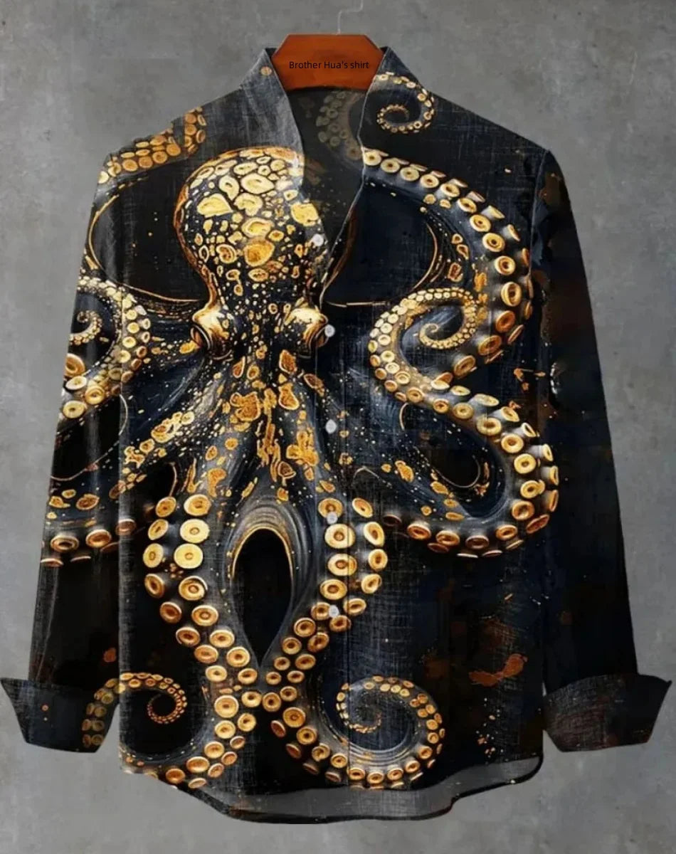 New Men's Shirts: Casual Retro Fish Ripple Artistic Long Sleeve Pocket Shirt Hawaiian Style Printed Shirt Men's Linen Top