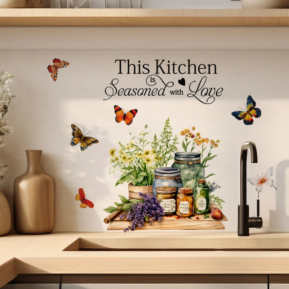 Kitchen Herbs Cooking Art Butterfly Flower Kitchen Quotes Wall Stickers Art Home Decorations Wall Decals