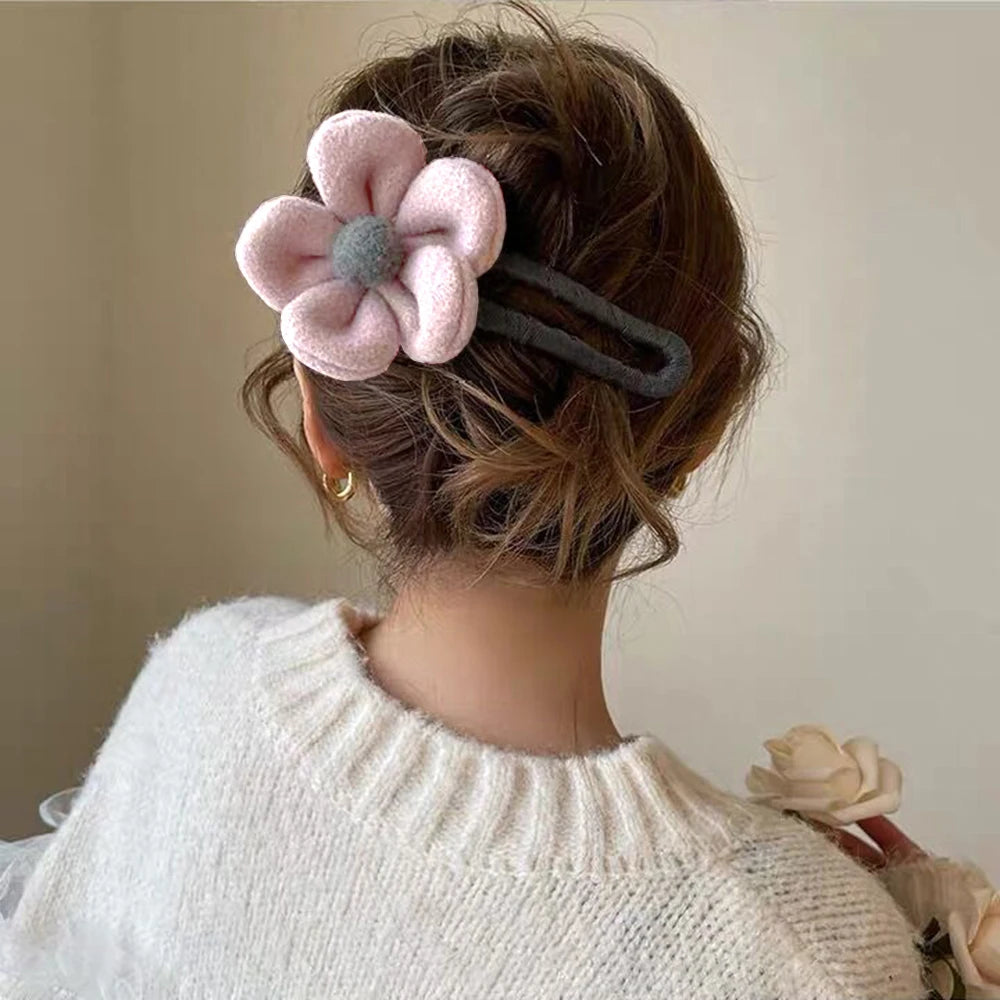 AWAYTR Autumn Winter Plush Flower Hair Claw Women Chic Duckbill Clip Hairpin Back Head Hair Clips Hair Accessories for Girls