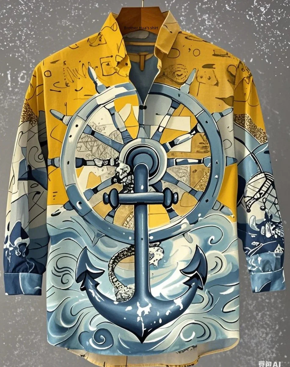 New Men's Shirts: Casual Retro Fish Ripple Artistic Long Sleeve Pocket Shirt Hawaiian Style Printed Shirt Men's Linen Top