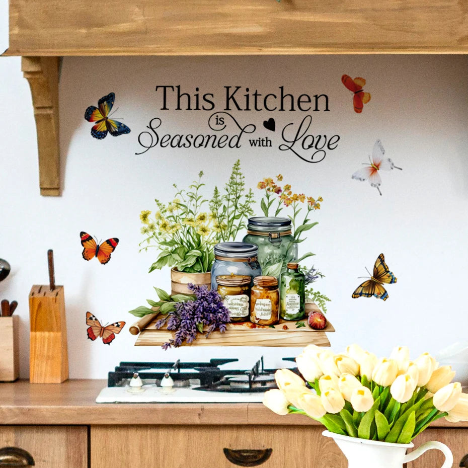 Kitchen Herbs Cooking Art Butterfly Flower Kitchen Quotes Wall Stickers Art Home Decorations Wall Decals