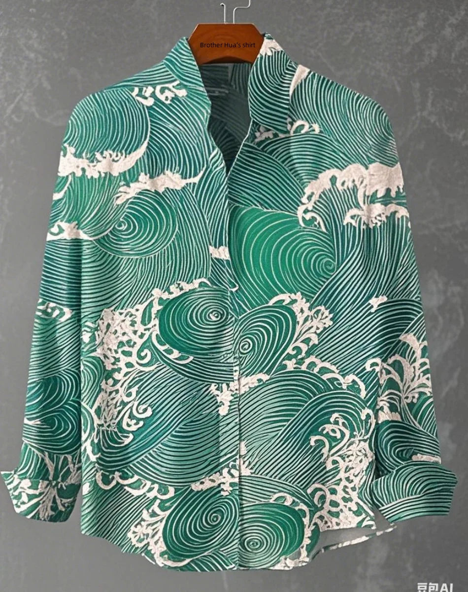 New Men's Shirts: Casual Retro Fish Ripple Artistic Long Sleeve Pocket Shirt Hawaiian Style Printed Shirt Men's Linen Top