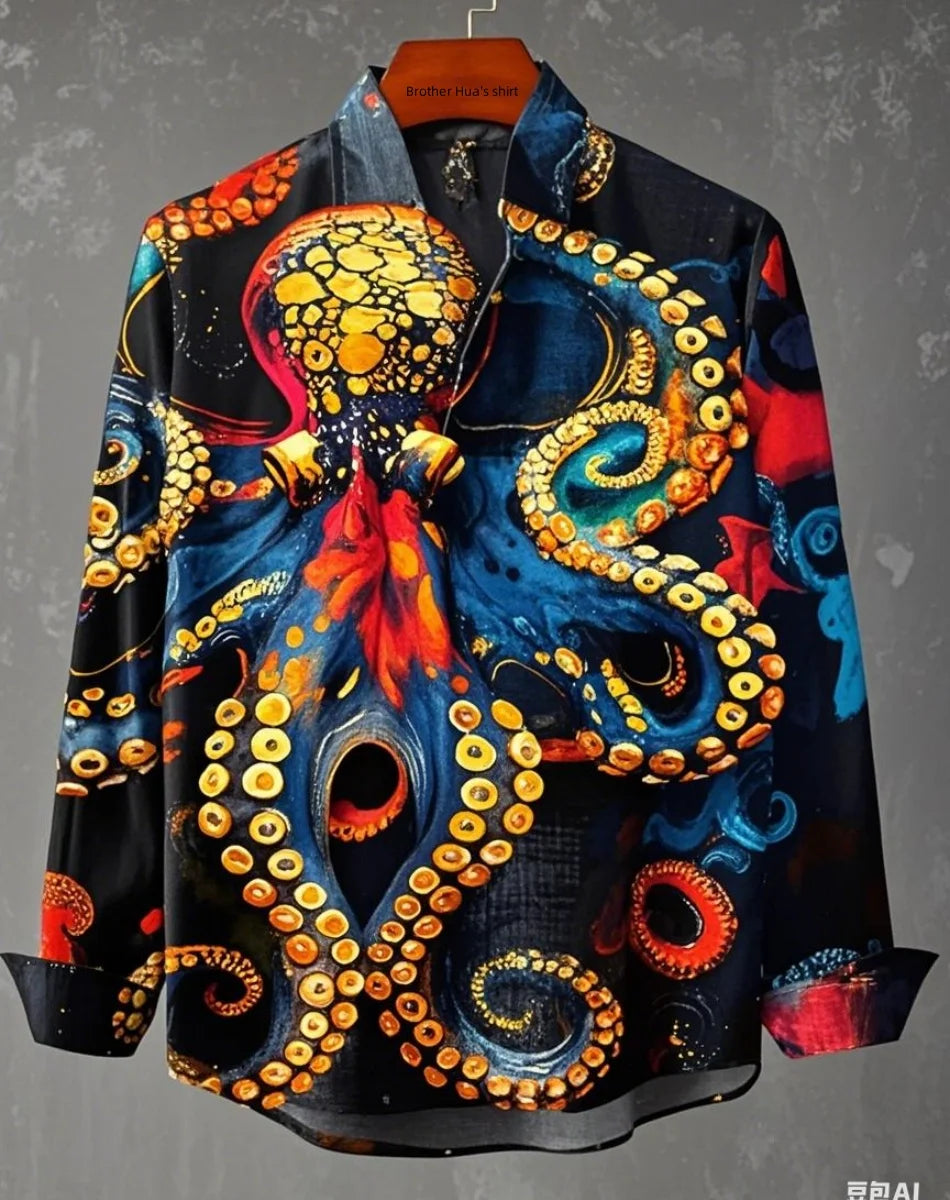 New Men's Shirts: Casual Retro Fish Ripple Artistic Long Sleeve Pocket Shirt Hawaiian Style Printed Shirt Men's Linen Top