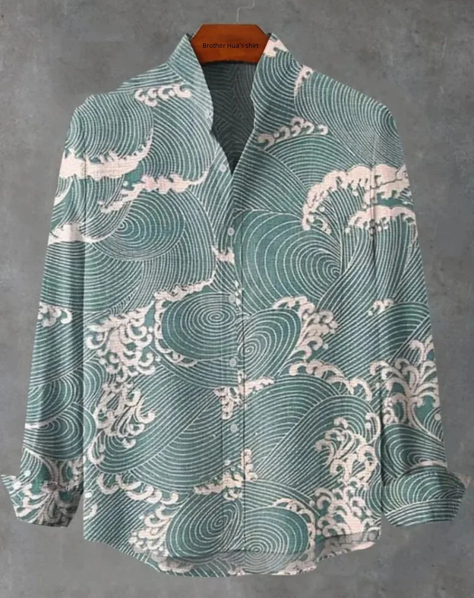 New Men's Shirts: Casual Retro Fish Ripple Artistic Long Sleeve Pocket Shirt Hawaiian Style Printed Shirt Men's Linen Top