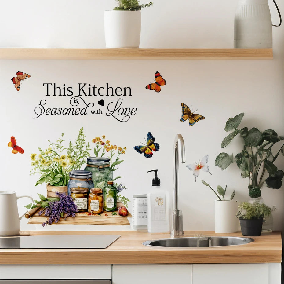 Kitchen Herbs Cooking Art Butterfly Flower Kitchen Quotes Wall Stickers Art Home Decorations Wall Decals