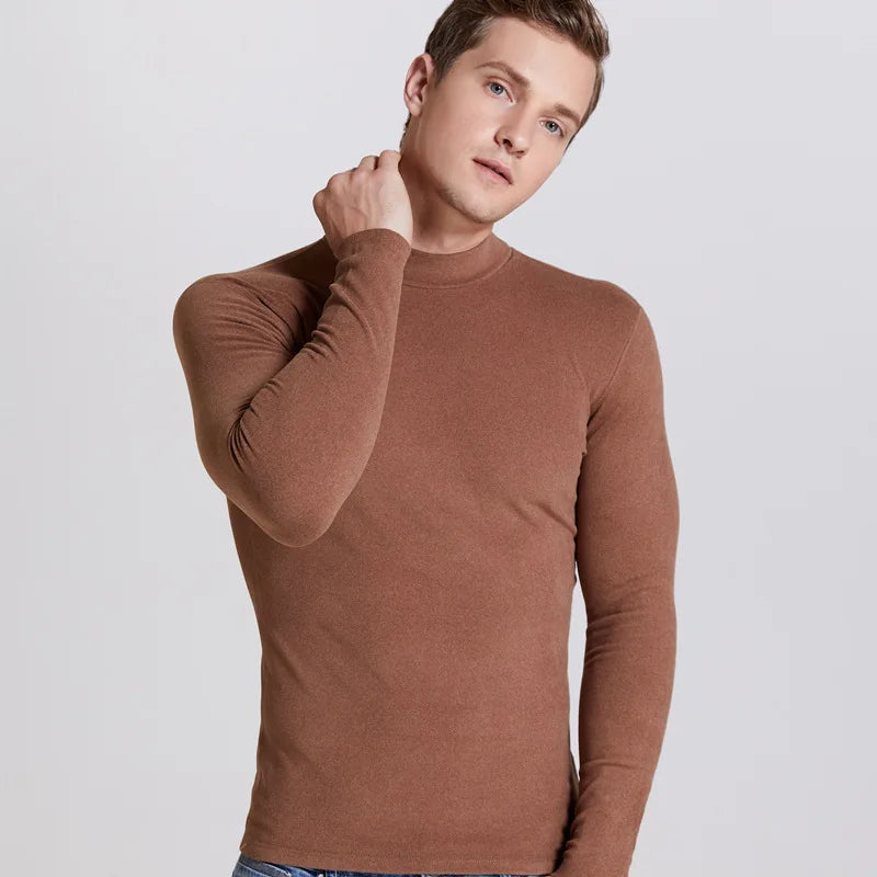 Men's Solid Color Turtleneck T-Shirt For Male Autumn Spring Casual Long Sleeve Basic Bottoming Shirt For Men Slim-Fit Tops