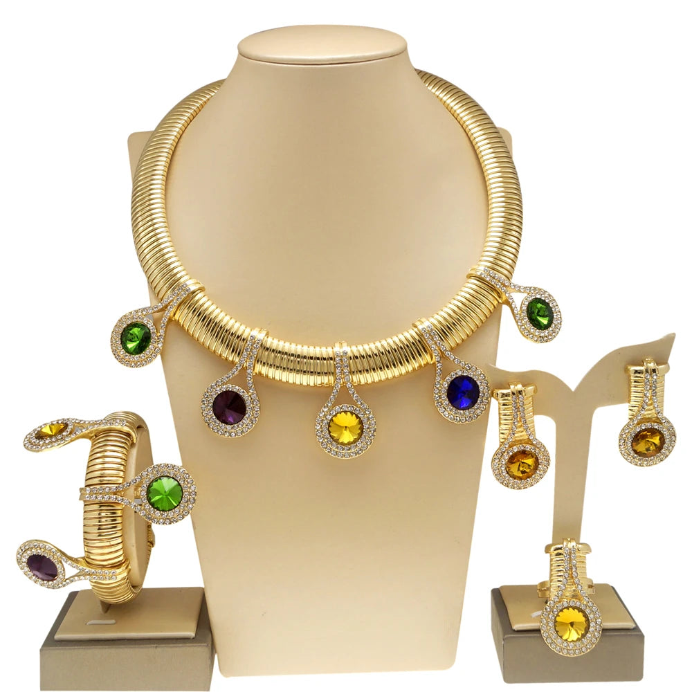 Women Jewelry Set Luxury 24K Gold Plated Colorful Rhinestone Necklace Earrings Gorgeous Wedding Banquet Jewelry Costume