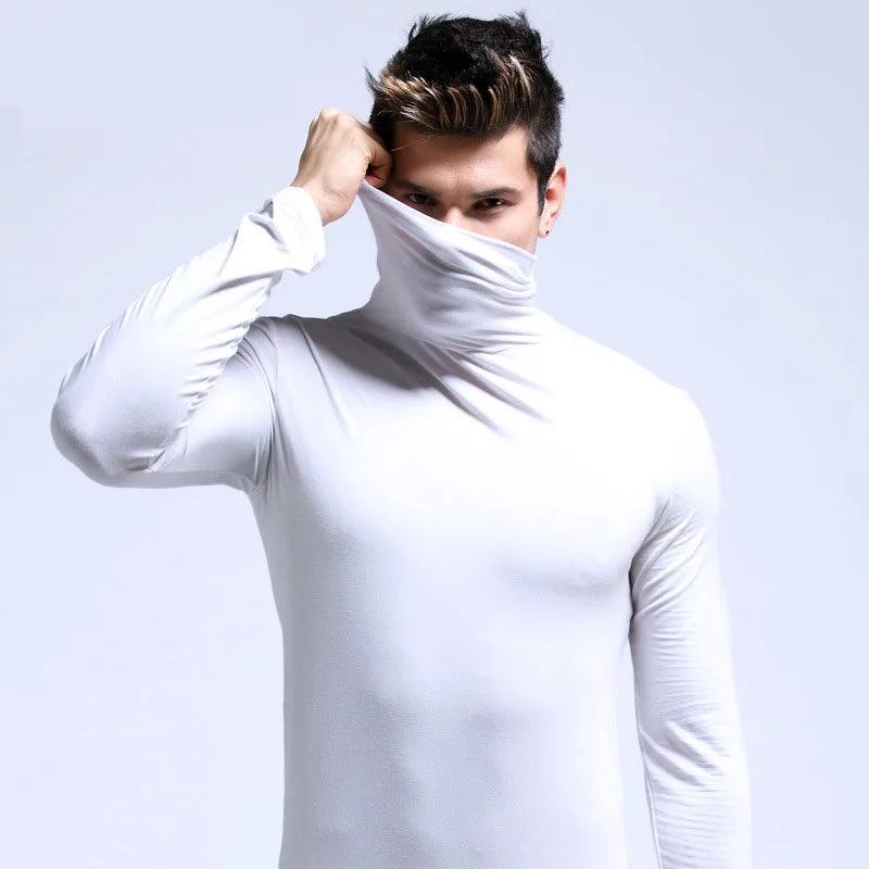 Men's Solid Color Turtleneck T-Shirt For Male Autumn Spring Casual Long Sleeve Basic Bottoming Shirt For Men Slim-Fit Tops