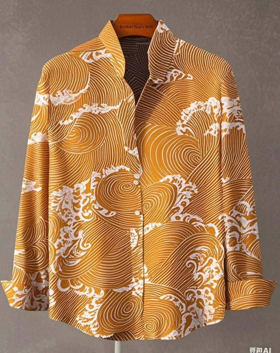 New Men's Shirts: Casual Retro Fish Ripple Artistic Long Sleeve Pocket Shirt Hawaiian Style Printed Shirt Men's Linen Top