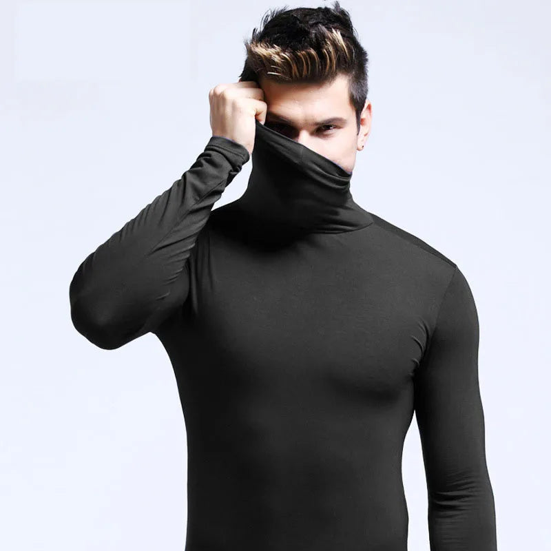 Men's Solid Color Turtleneck T-Shirt For Male Autumn Spring Casual Long Sleeve Basic Bottoming Shirt For Men Slim-Fit Tops