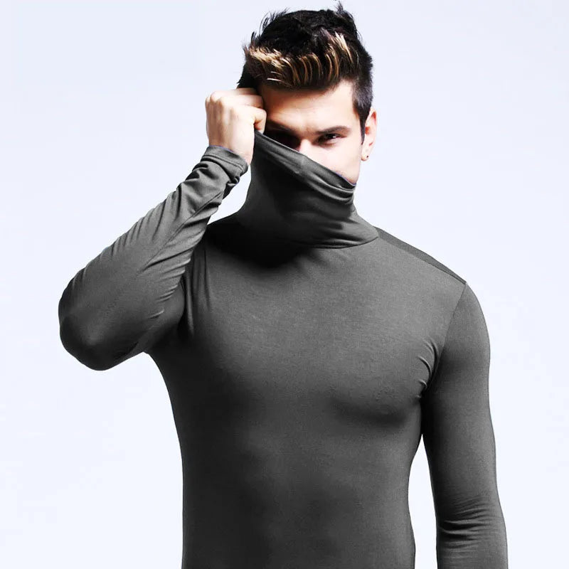 Men's Solid Color Turtleneck T-Shirt For Male Autumn Spring Casual Long Sleeve Basic Bottoming Shirt For Men Slim-Fit Tops