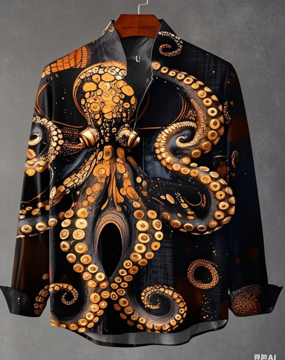 New Men's Shirts: Casual Retro Fish Ripple Artistic Long Sleeve Pocket Shirt Hawaiian Style Printed Shirt Men's Linen Top