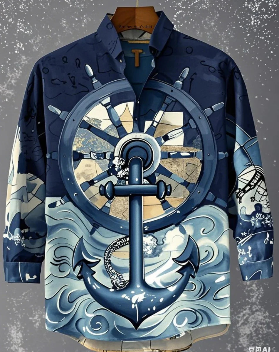 New Men's Shirts: Casual Retro Fish Ripple Artistic Long Sleeve Pocket Shirt Hawaiian Style Printed Shirt Men's Linen Top