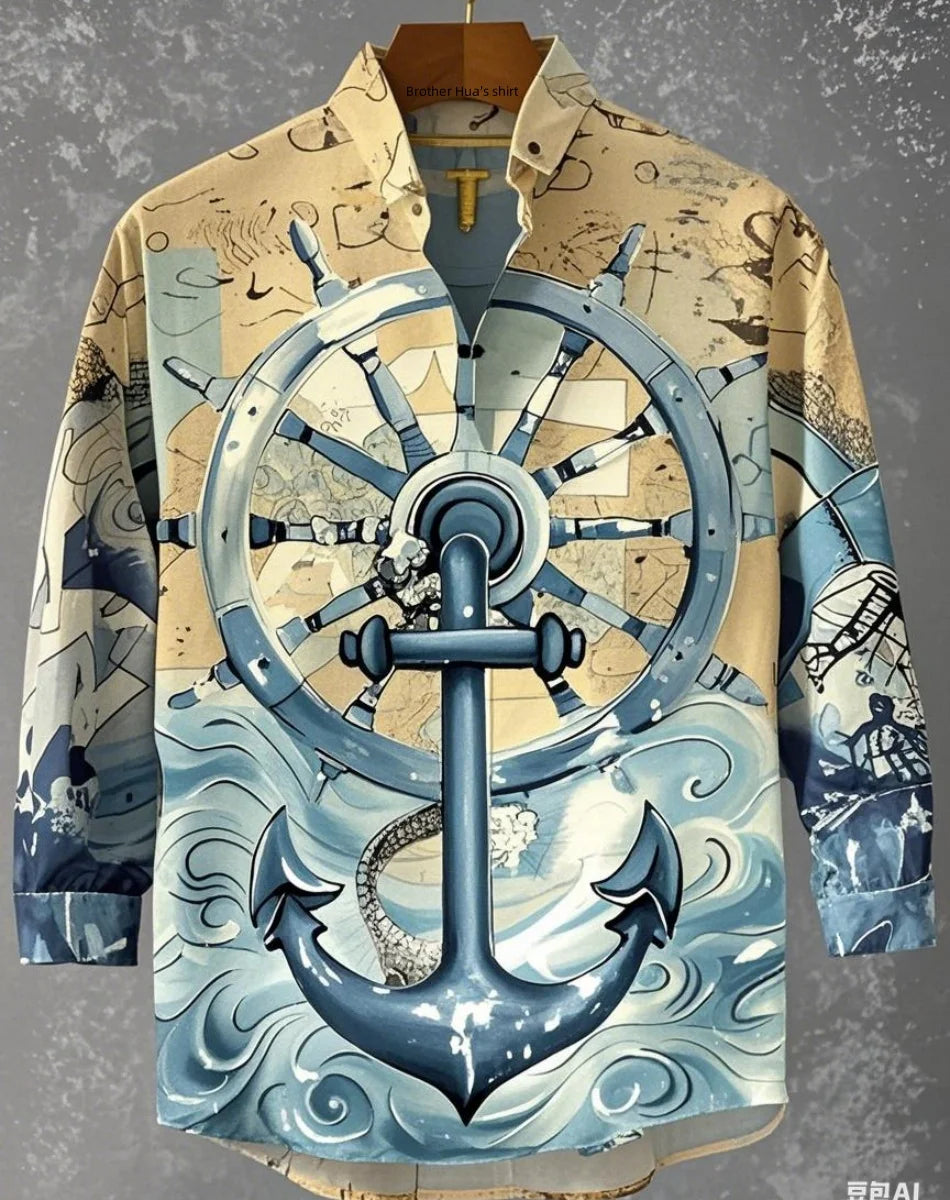 New Men's Shirts: Casual Retro Fish Ripple Artistic Long Sleeve Pocket Shirt Hawaiian Style Printed Shirt Men's Linen Top