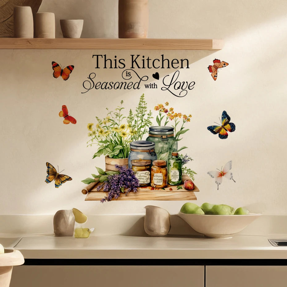 Kitchen Herbs Cooking Art Butterfly Flower Kitchen Quotes Wall Stickers Art Home Decorations Wall Decals